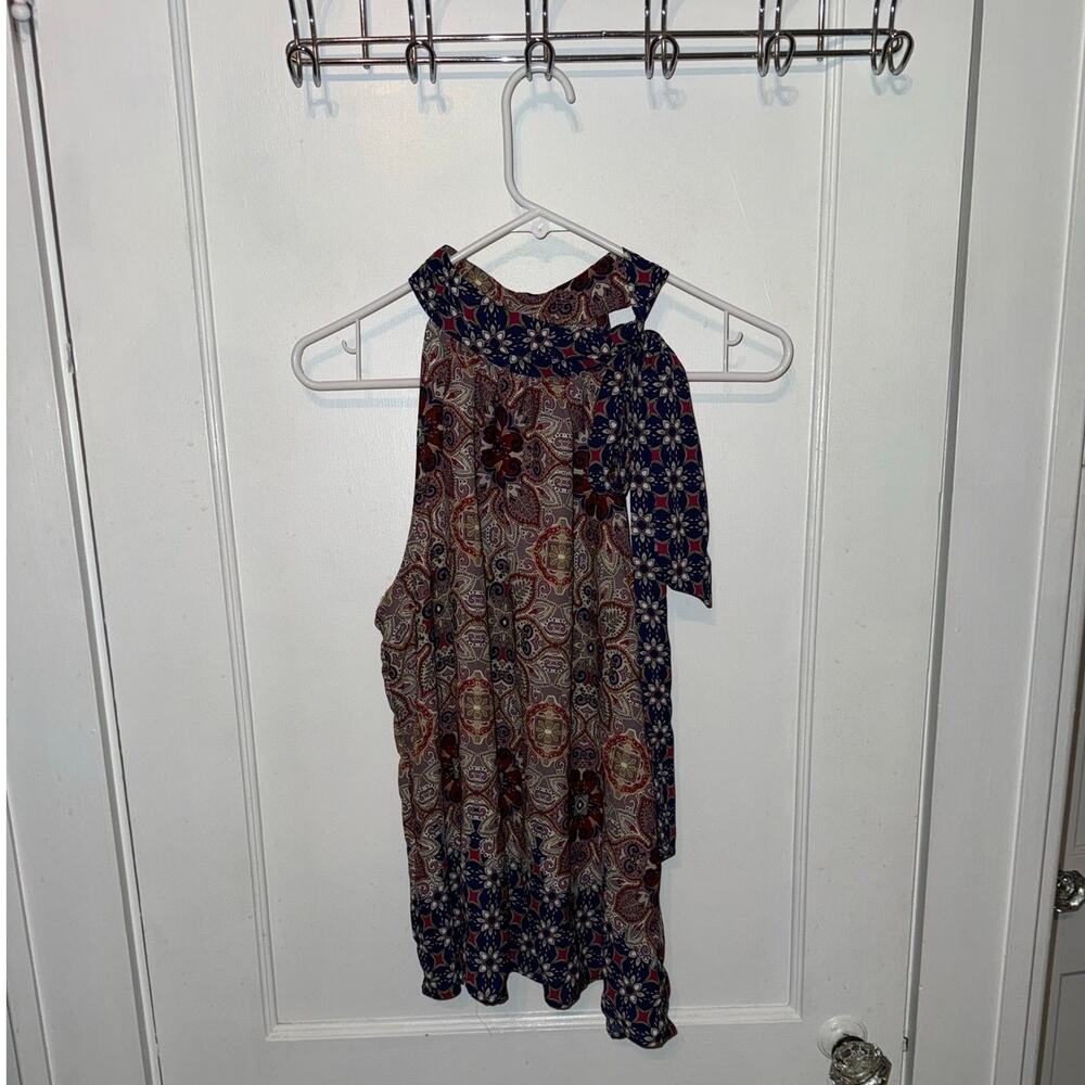 New 1. State Sleeveless Tie Neck Boho Floral Print Blouse size L